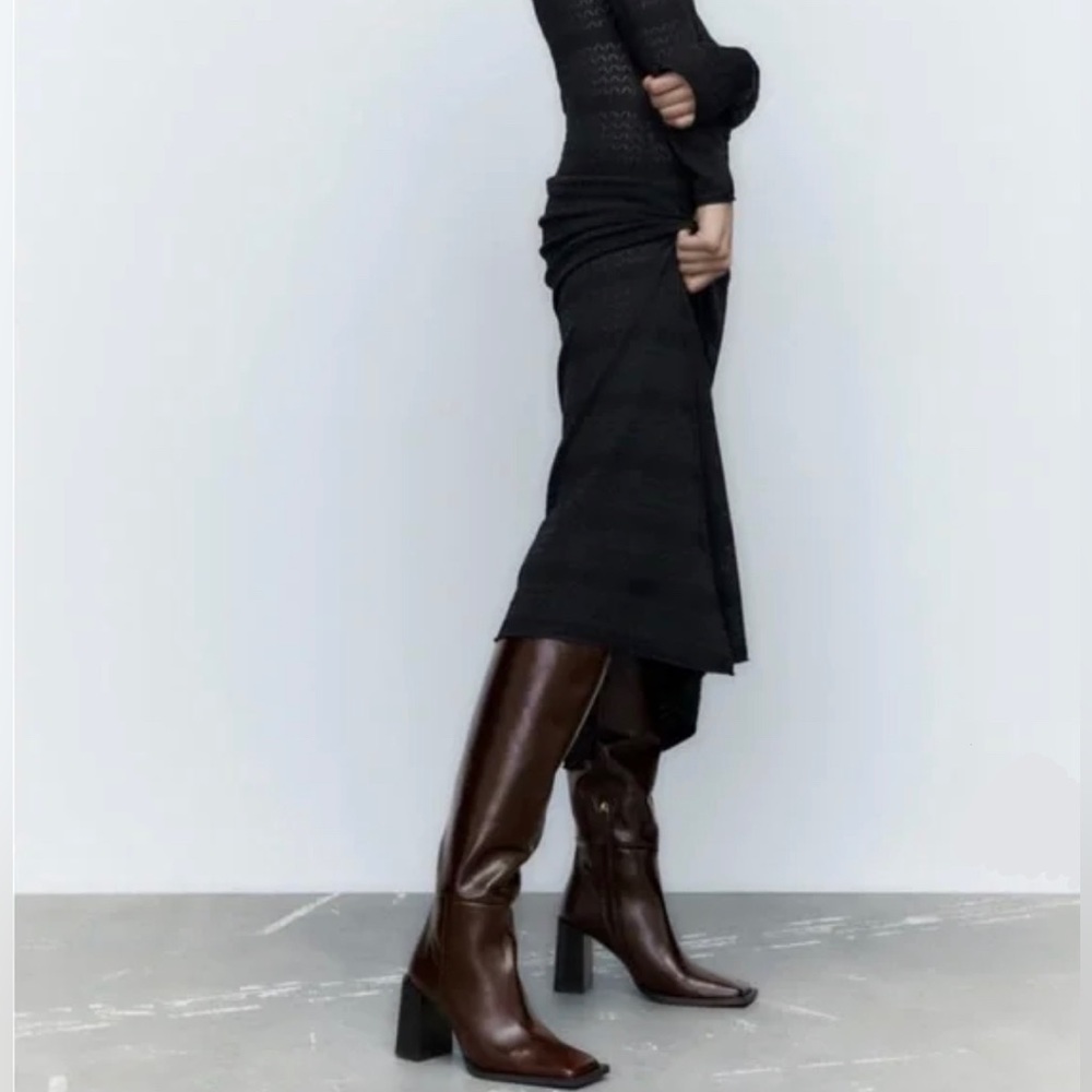 ZARA Women's Over The Knee Heeled Square Toe Leather Boots